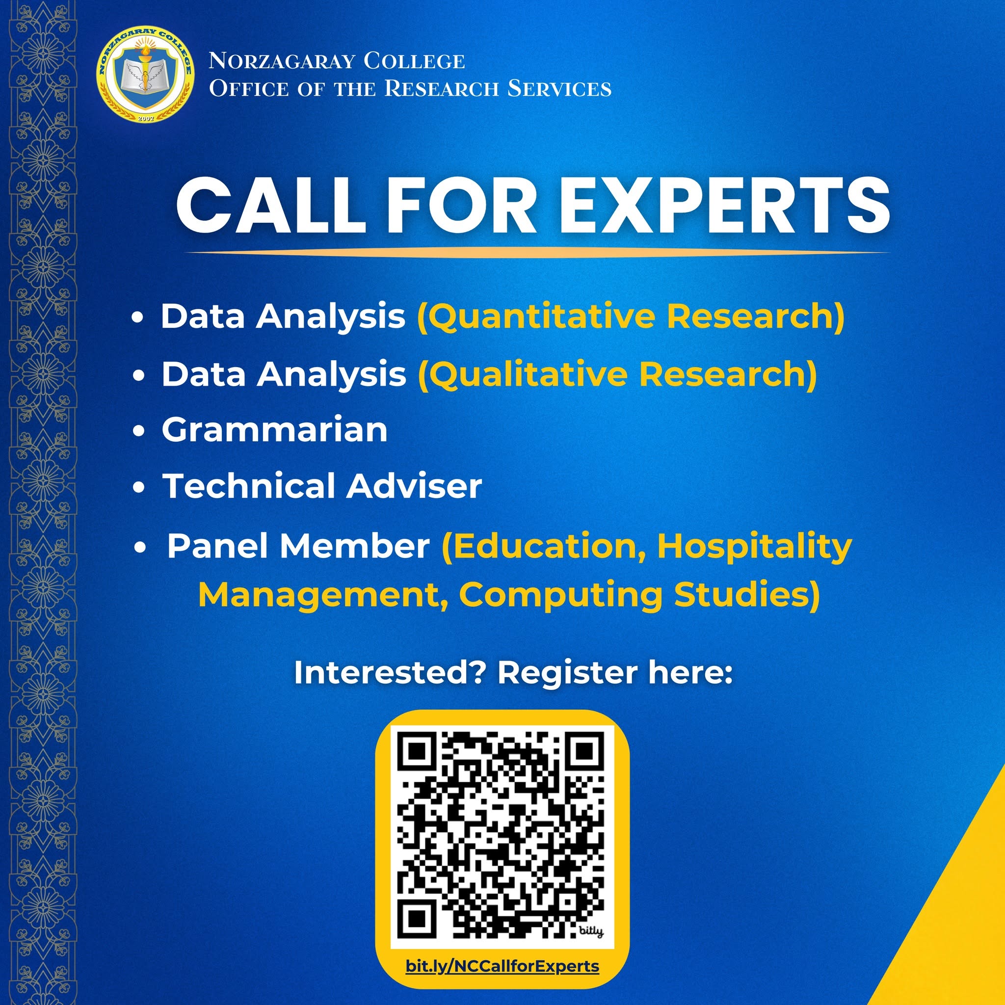 CALL FOR RESEARCH EXPERTS – Norzagaray College