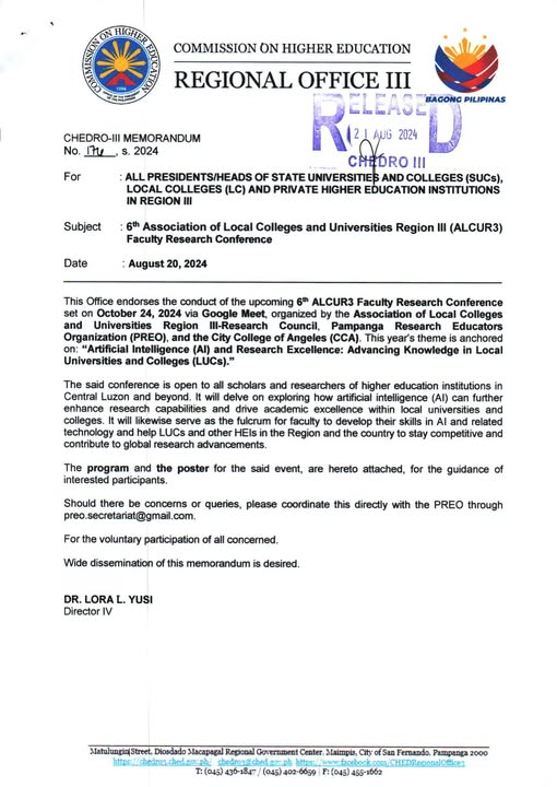 CHED Region III Endorses 6th ALCU-R3 Faculty Research Conference